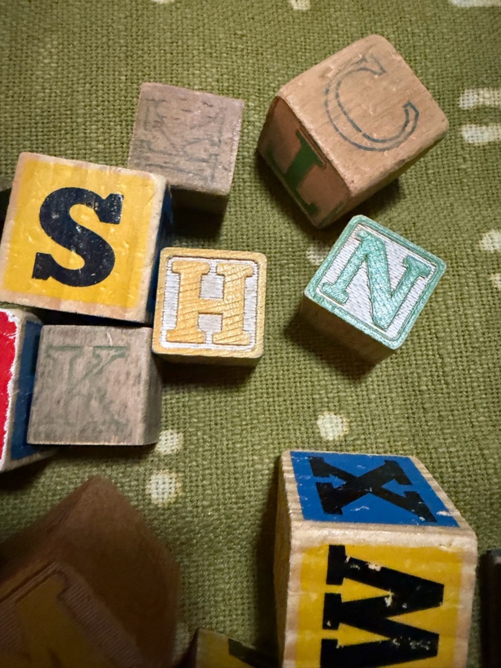 Vintage Wooden Alphabet Blocks Set - Green, Yellow, Red, Blue